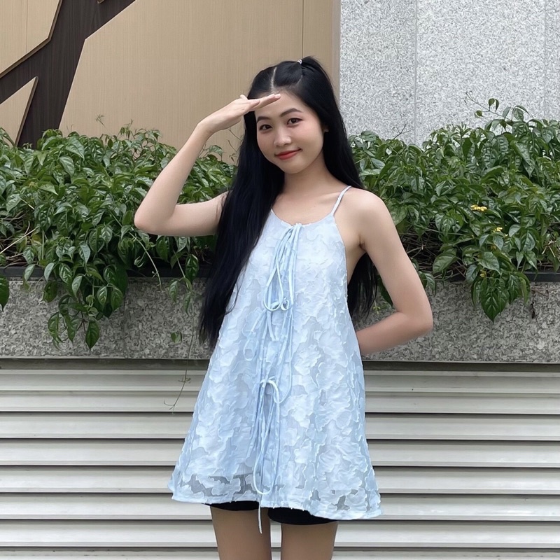 Áo Cổ Yếm Hoạ Tiết Mây Nổi Dáng Babydoll Phía Trước Cột Dây Phía Sau Bo Chun Co Giãn Thoải Mái - Cotta Top