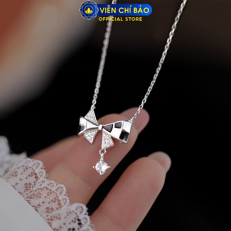 Dây chuyền nơ caro đính đá chất liệu bạc Thái 925 thời trang phụ kiện trang sức Viễn Chí Bảo D000089