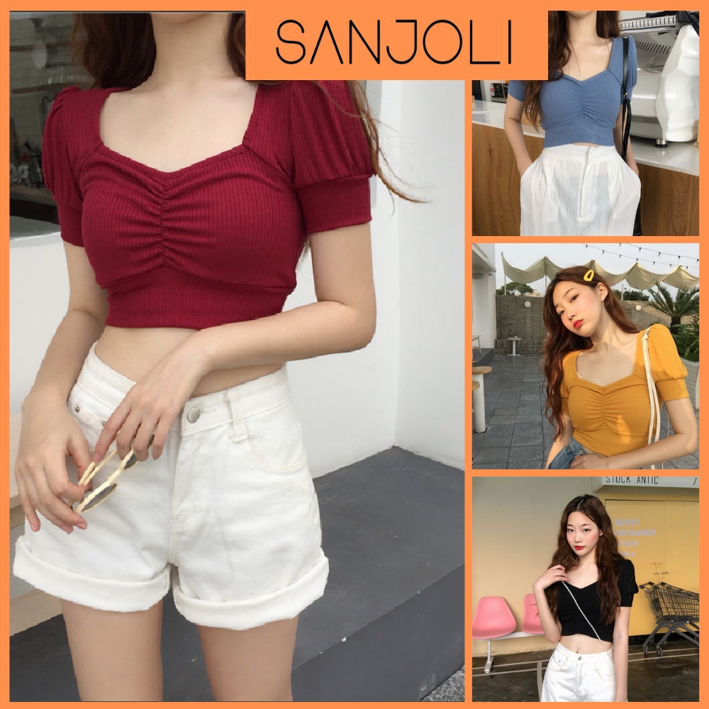 Áo Croptop Kiểu SANJOLI Áo Croptop Nữ Cổ V Cúp Ngực Chất Len Tăm Tay Ngắn Kiểu Ulzzang Màu Đỏ AO012