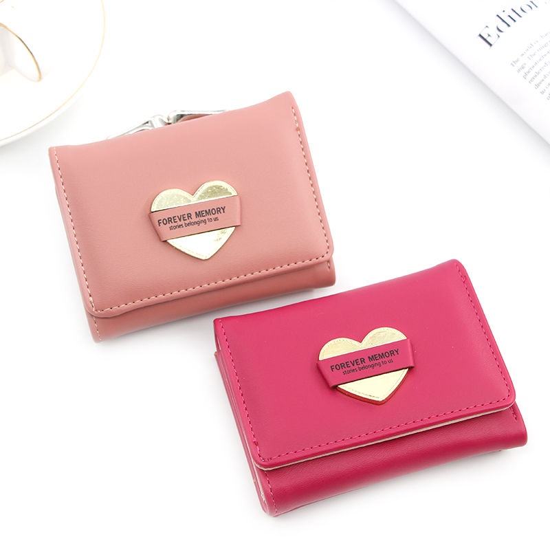 Ví da đựng tiền xu KAITIFEI mini dáng ngắn cầm tay nhỏ gọn nhiều ngăn gấp gọn thời trang cao cấp có khóa hình trái tim