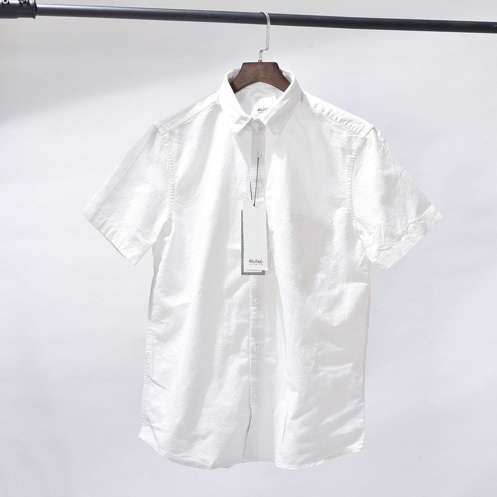 Áo sơ mi nam Routine màu trắng tay ngắn cổ bẻ không túi vải Oxford 100% cotton hàng xuất khẩu Hàn Quốc