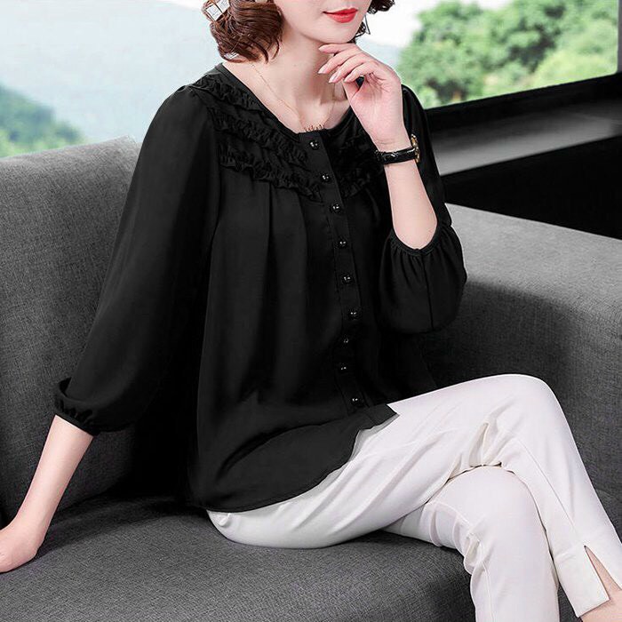 Áo Trung Niên Nữ A355, Kiểu Áo Sơ Mi Trung Niên Form Rộng Bigsize Cổ Bèo Đính Nút Rất Trang Nhã | Thời Trang NP Clothing