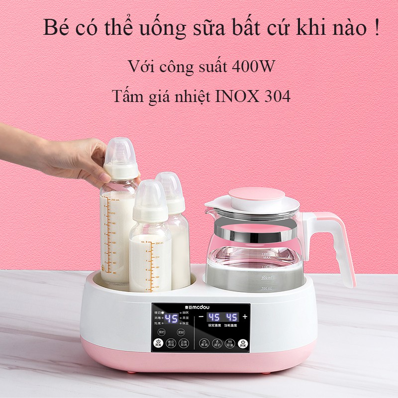 Bình đun nước pha sữa khử CLO, điều chỉnh nhiệt kèm nồi hầm cháo bằng sứ đa năng Mcdou 8in1