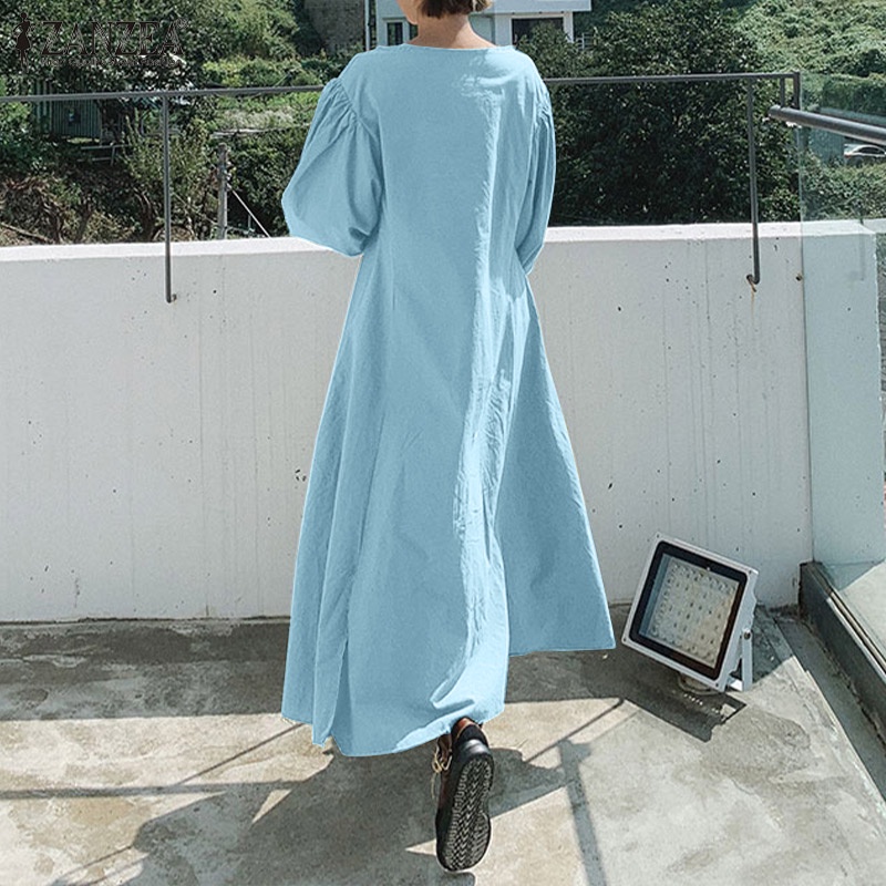 Đầm maxi nữ Zanzea tay phồng dài thiết kế xẻ tà thời trang phong cách Hàn Quốc