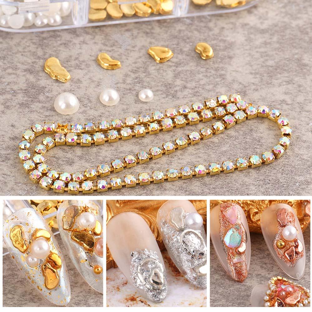 Phụ Kiện Hoa Hồng Trang Trí Móng Tay Xinh Xắn|Ngọc Trai Giả|Phụ Kiện Chuỗi Hạt Kim Loại 3D