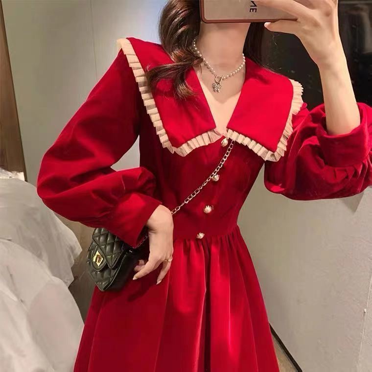 Váy babydoll đầm babydoll Đầm Nhung Đen Tay Dài Cổ Búp Bê Phong Cách Pháp Thời Trang Mùa Đông 2022 Cho Nữ