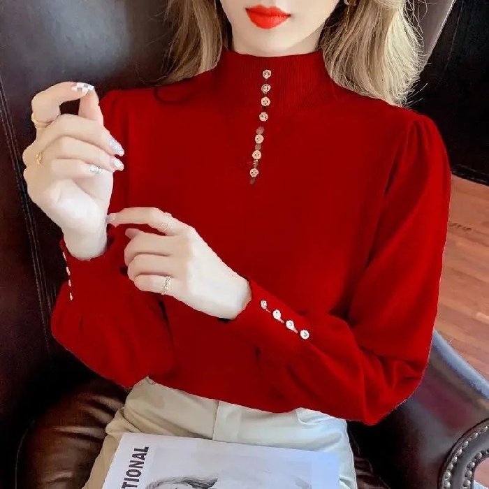 【ZHELIHANGFEI】Áo Sweater Cổ Lọ Tay Phồng Dáng Rộng Dễ Phối Đồ
