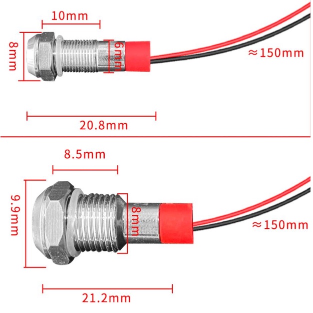 Led báo nguồn chống nước IP67 6mm 8mm 10mm 12mm  3V 5V12V 24V 220V các màu đỏ trắng xanh lá xanh dươn vỏ kim loại