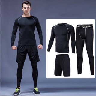 Bộ Quần Áo Cộc Tay Legging Nam - Quần Áo Giữ Nhiệt 3 in 1 Đen Xám