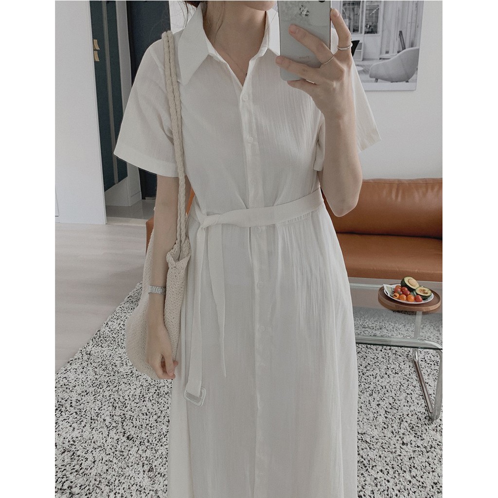 Đầm tay ngắn cổ bẻ thắt dây thời trang 43935