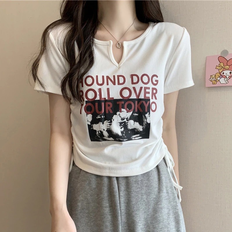 Áo Thun Ngắn Tay Cổ Chữ V Thiết Kế Dây Rút Phong Cách Hàn Quốc Thời Trang Mùa Hè Mới Cho Nữ