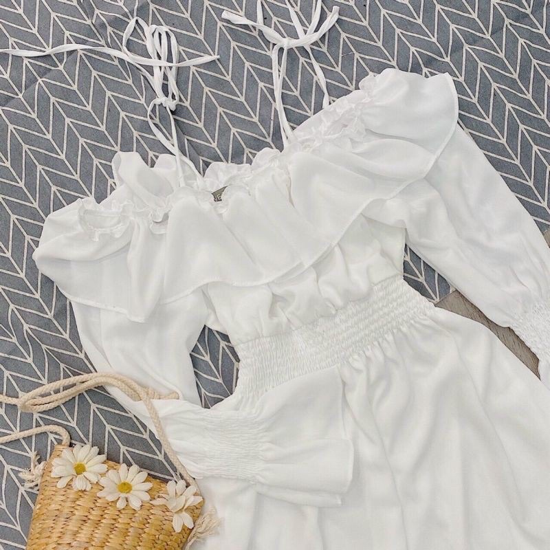 Váy trắng maxi Váy trễ vai 2 dây tay bồng chun eo mềm xếp tầng tiểu thư sang chảnh dành Đầm dây xòe vintage ulzzang | BigBuy360 - bigbuy360.vn