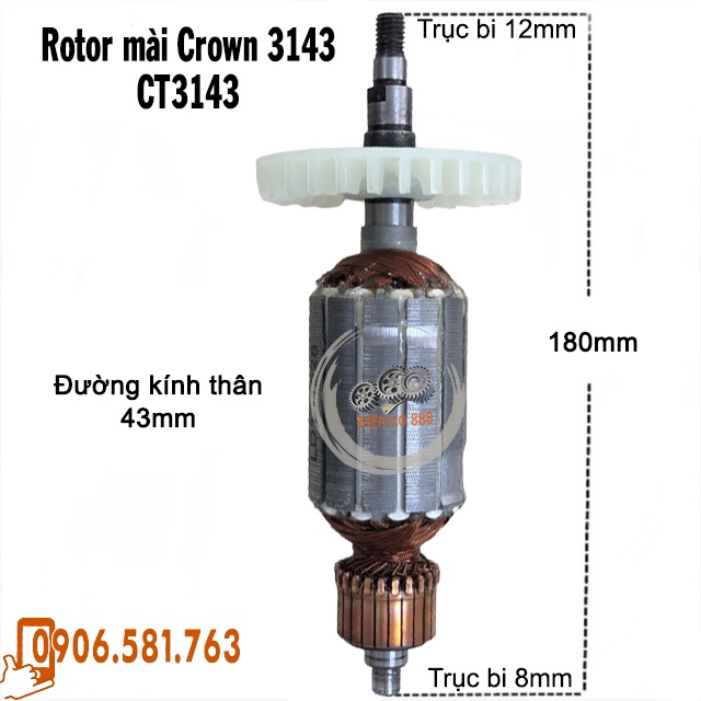 Rotor mài Crown 3143 (CT3143), 13029 (CT13029) Thân 43mm Dài 180mm - Rotor mài CROWN 150mm 220V - Tặng chổi than