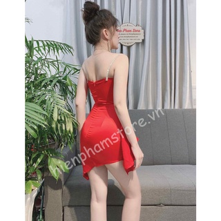 Đầm lụa 2 dây đính đá, bèo rũ xéo tà - DN7553