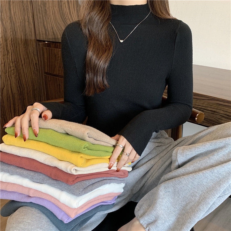 Áo Len Tay Dài Cổ Lọ Màu Trơn Đơn Giản Phong Cách Hàn Quốc