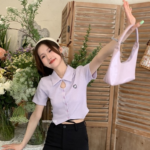 Áo thun polo ZHELIHANGFEI dệt kim tay ngắn lưng cao thiết kế cá tính quyến rũ cho nữ