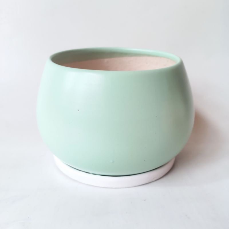 Chậu sứ hình hạt dẻ trơn kèm đĩa đường kính 14 cm, nhiều màu sắc, phù hợp trồng cây để bàn trang trí văn phòng, nội thất