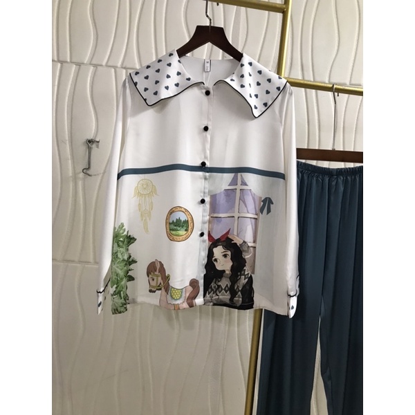Pijama lụa bánh bèo bạch tuyết trắng xanh cao cấp quảng châu