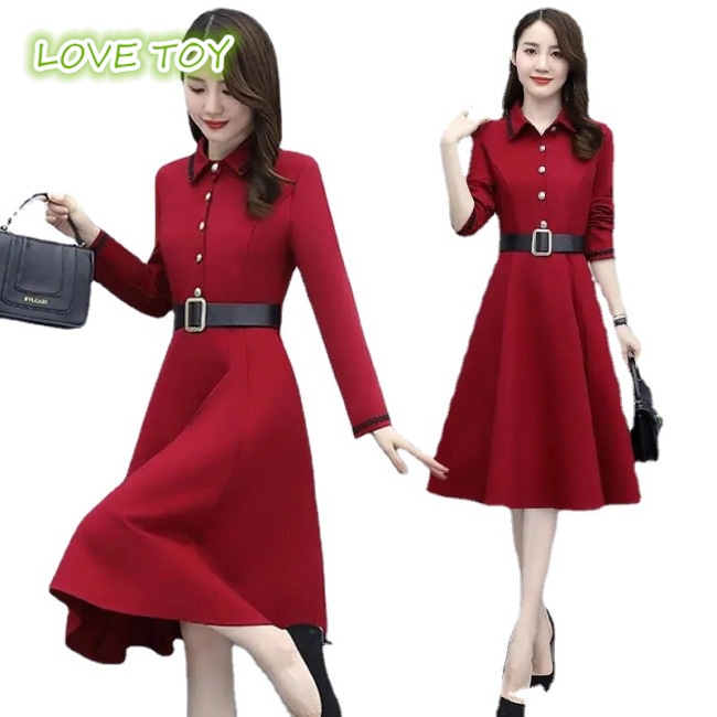 Đầm Midi Dáng Chữ A Tay Dài Cổ Bẻ Màu Trơn Eo Cao Thời Trang Cho Nữ