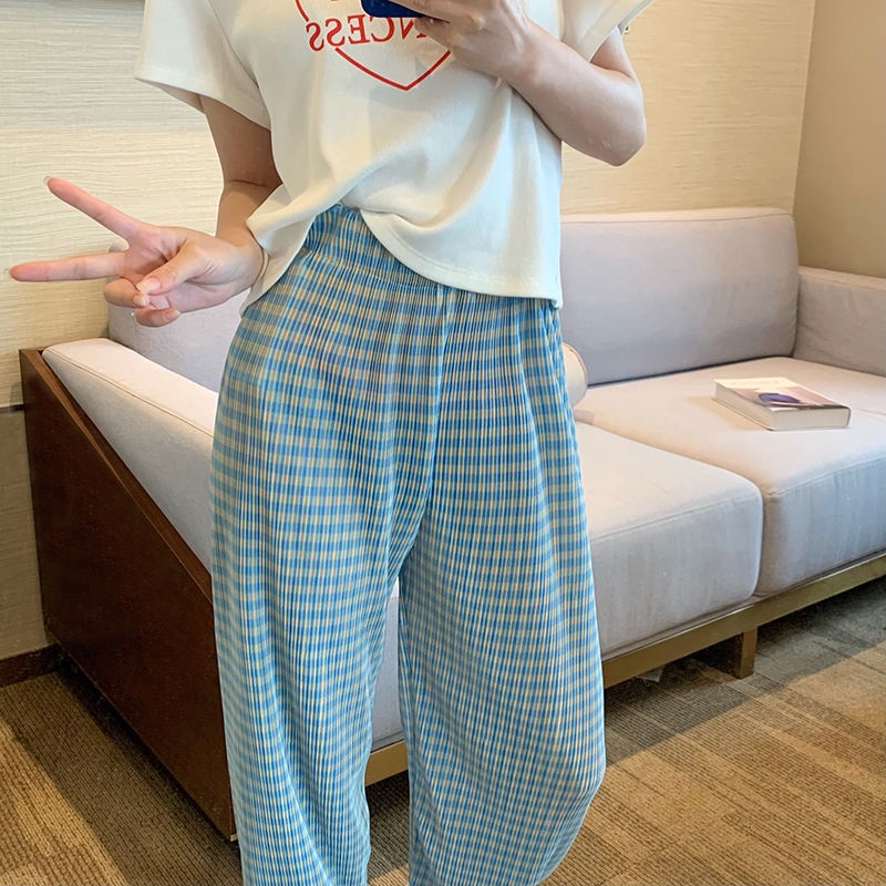 Quần Dài Lưng Cao Ống Rộng Họa Tiết Sọc Caro Thiết Kế Mới Thời Trang Mùa Hè Theo Phong Cách Harajuku Cho Nữ