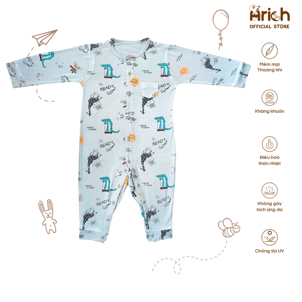 Body dài họa tiết hươu xám Arich vải sợi tre ( size 0 đến 18 tháng)