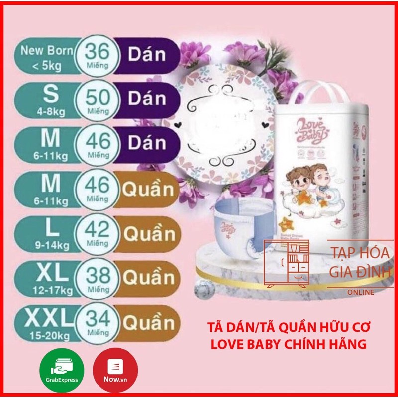 Tã bỉm Hữu cơ Love Baby dán quần Nb36/S dán 50/M dán quần 46/ L quần 42/ XL 38