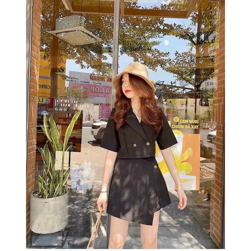 Sét Áo Cổ Vest Ngắn Tay Mix Chân Váy A Vạt Lệch Phong Cách Ulzzang 😍