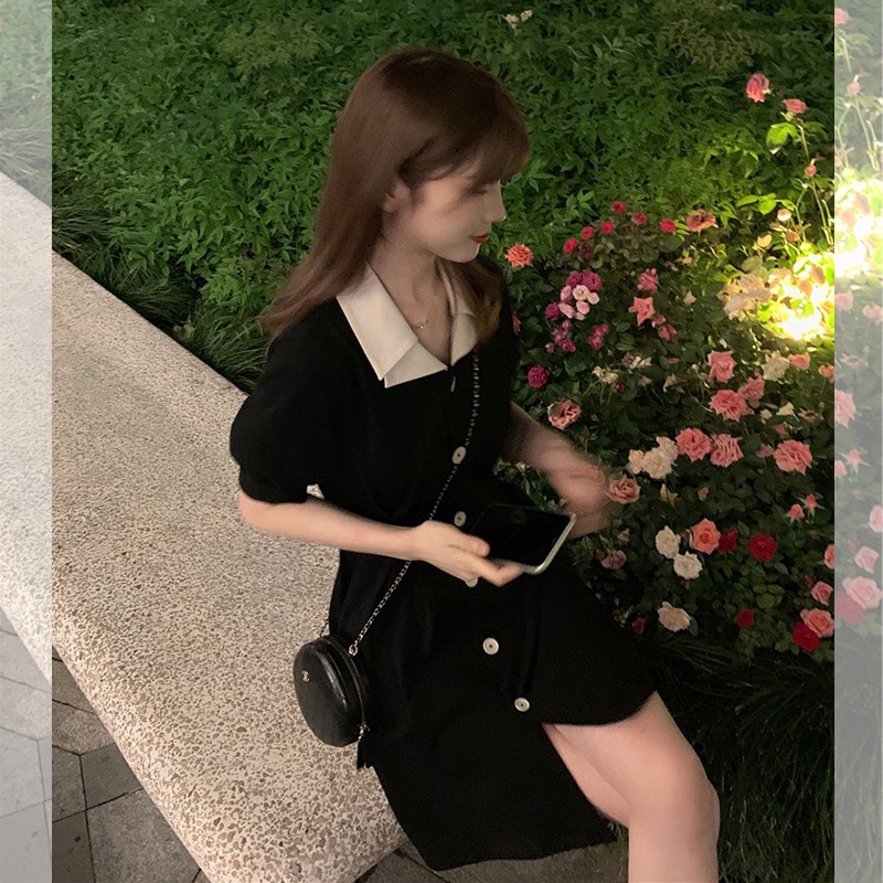 Đầm Perty cổ polo kiểu dáng đơn giản phong cách Hàn Quốc retro cho nữ