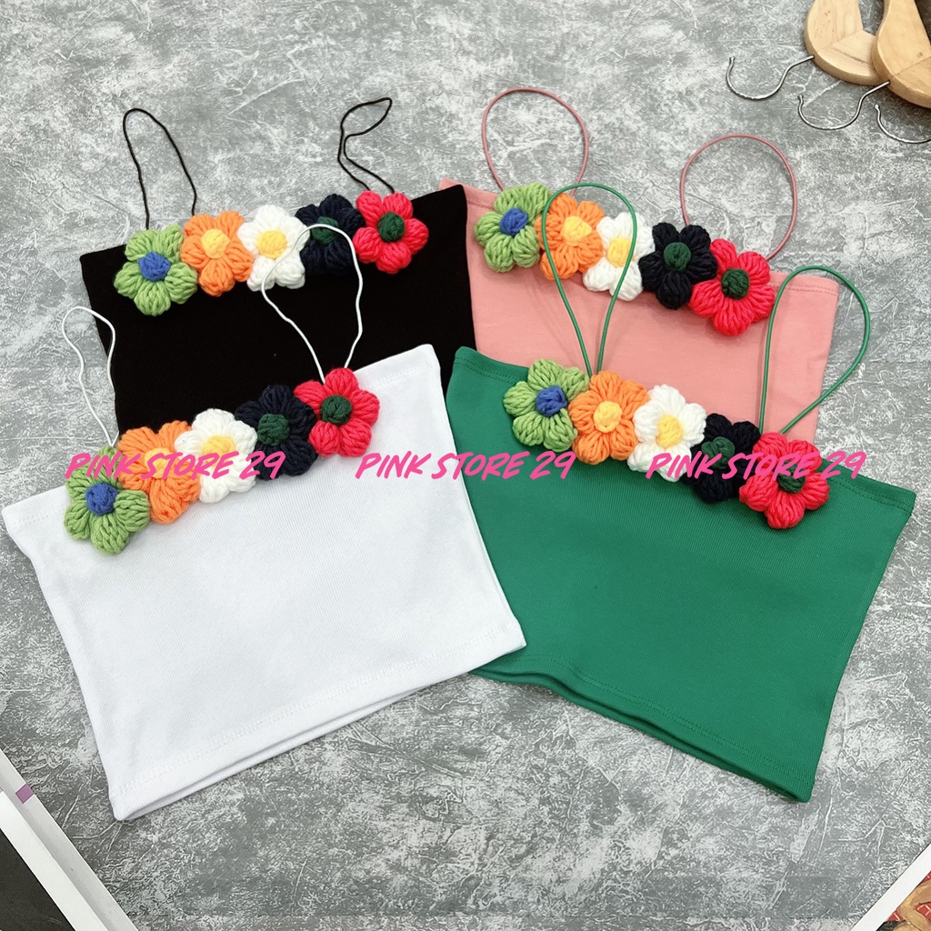 Áo croptop hai dây PINKSTORE29, hoa len móc siêu xinh blossom A5365