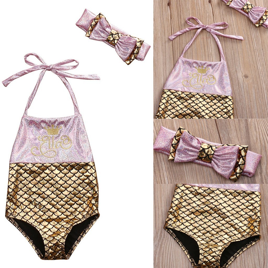 ღ♛ღGirls Kids Mermaid Fancy Bow Sequins Swimmable 2pcs Bikini Set Swimwear Swimsuit