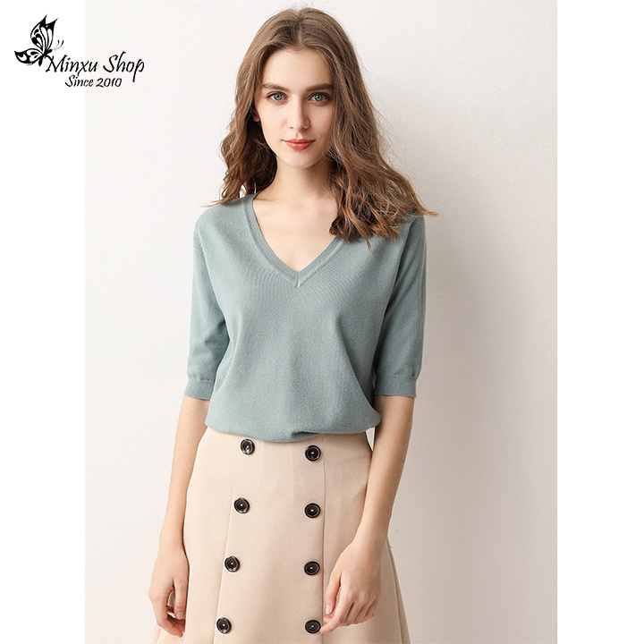 Áo len kiểu nữ đẹp Minxu Shop, áo len Quảng Châu tay lỡ cổ V  bo gấu nhiều màu nhiều size (ALN)