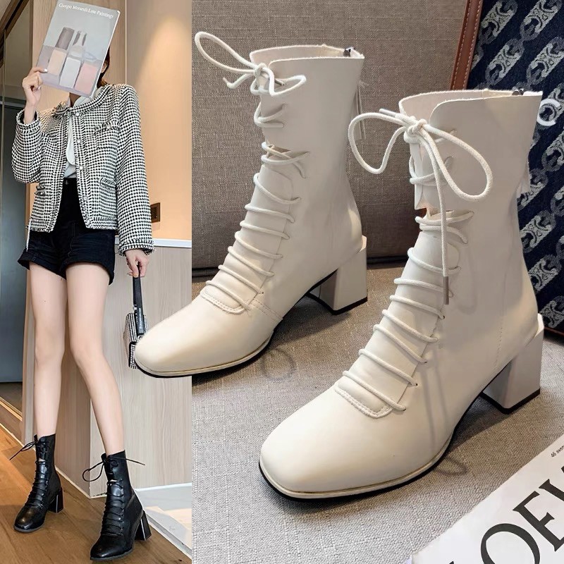 Boots cổ ngắn ulzzang da mềm gót vuông cao 5,5cm đan dây