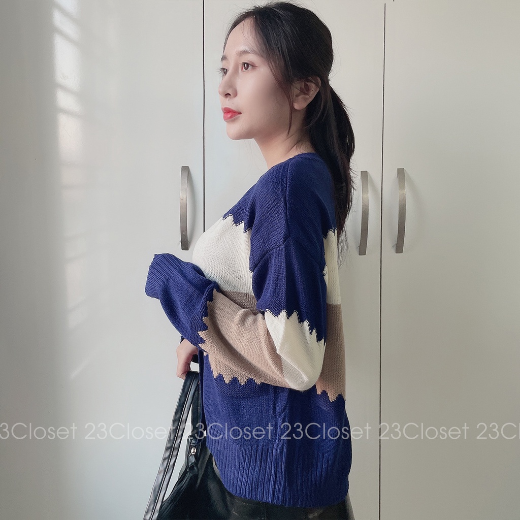 Áo khoác len nữ tay dài kẻ ngang 23Closet kiểu dáng cardigan khoác ngoài dài tay len dệt kim khoác thu đông -ALCR02