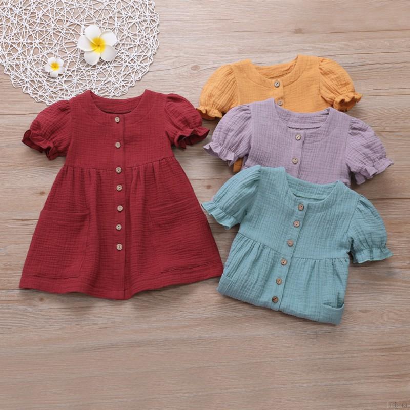 BOBORA đầm công chúa Cotton Lanh Ngắn Tay Phối Bèo Màu Trơn Cho Bé 1-6 Tuổi