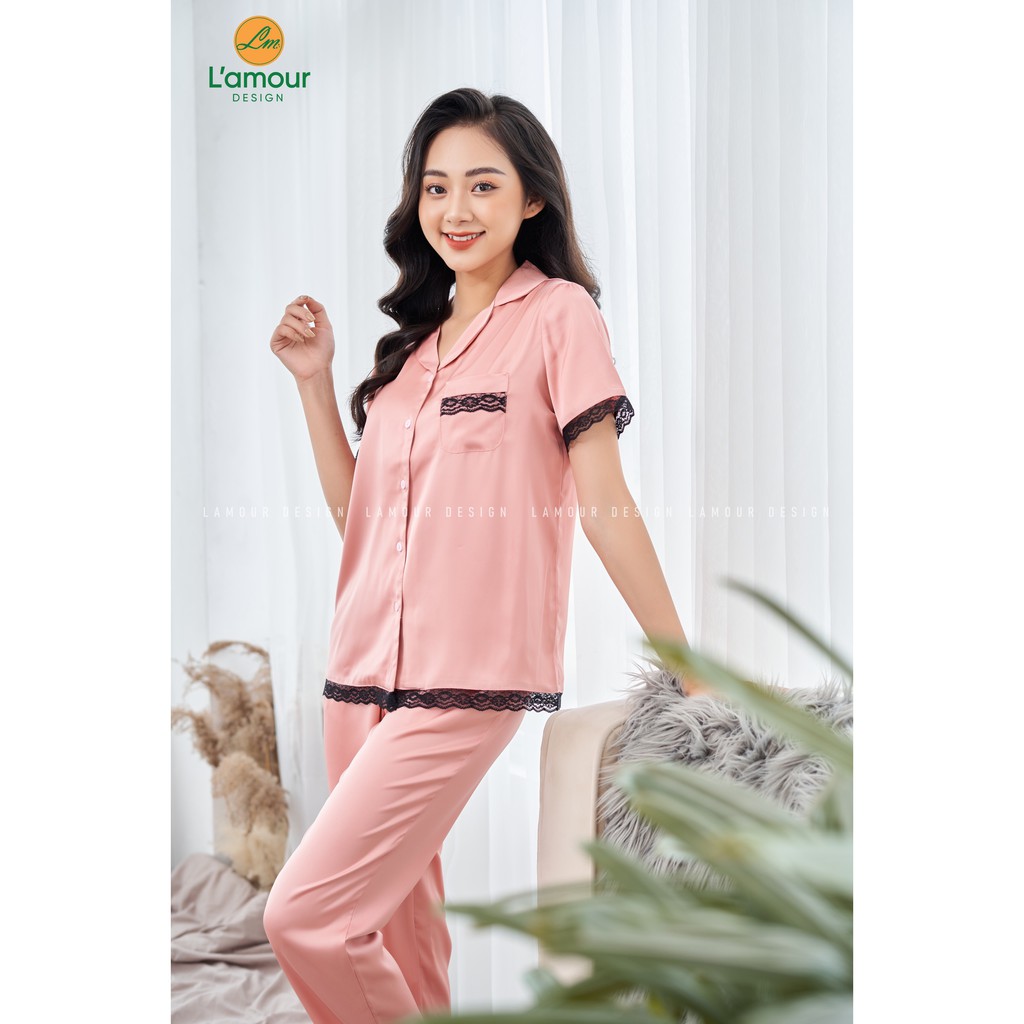 Bộ lụa Hồng Trơn Phối Ren - Dài