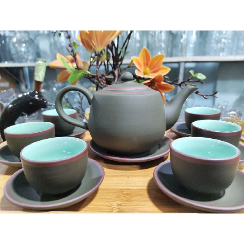 Bộ ấm trà Bát Tràng - ấm búp sen xanh