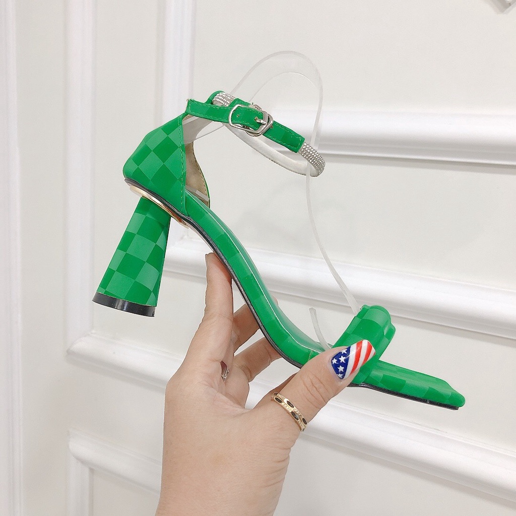 Giày Sandal nữ gót tròn cao 7P họa tiết caro phối quai đá full màu Hot Trend chất da mềm form chuẩn đẹp cực dễ mang