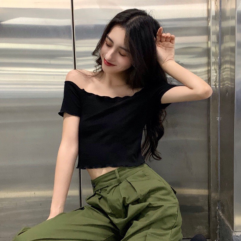 Áo thun gân tay ngắn trễ vai siêu xinh,áo croptop trễ vai