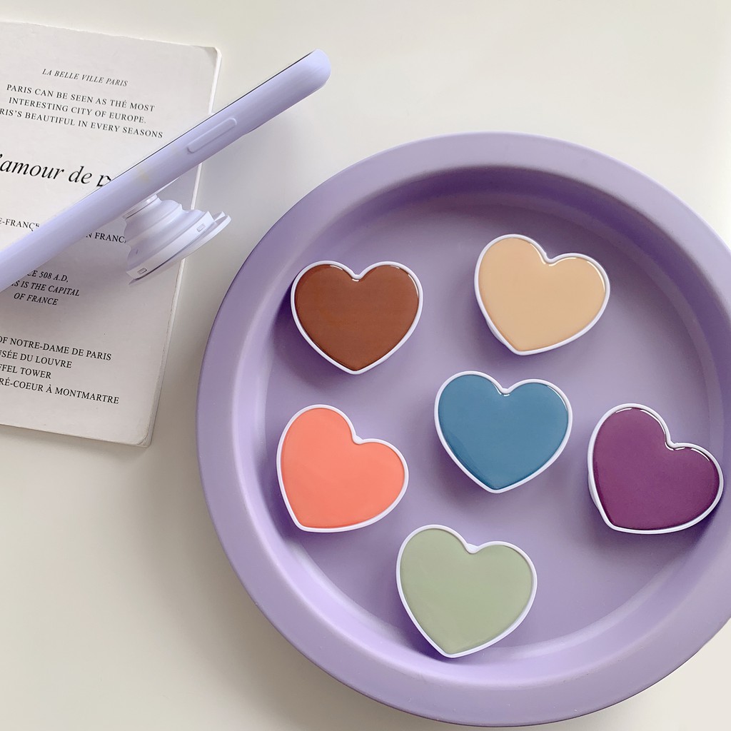 Giá đỡ dán ốp điện thoại pop up posocket in bóng trái tim màu trơn pastel viền trắng dễ thương