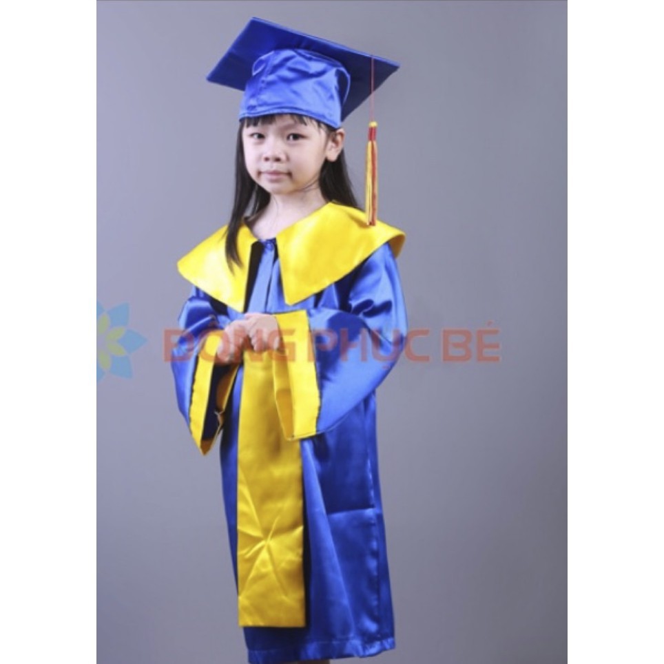 Bộ lễ phục Áo mũ cử nhân tốt nghiệp mầm non 3 - 5 tuổi xanh nước vạt vàng 1 bộ gồm 1 áo và 1 mũ Q