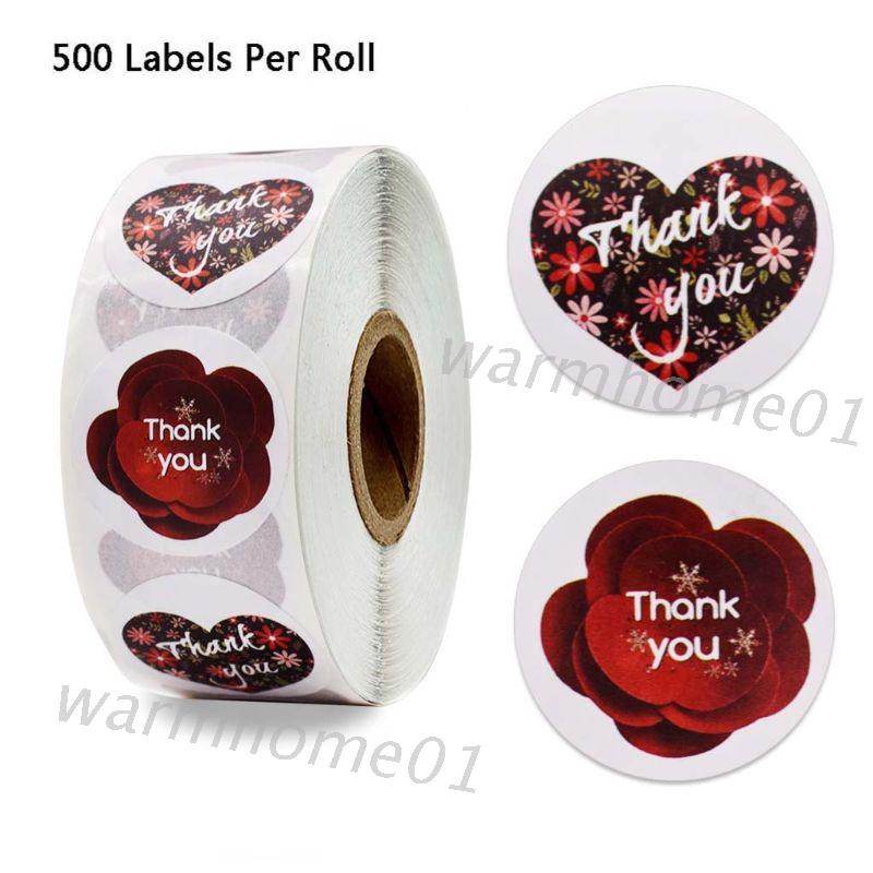 Set 500 nhãn dán bao thư 2 kiểu bông hoa/trái tim in chữ Thankyou làm thủ công