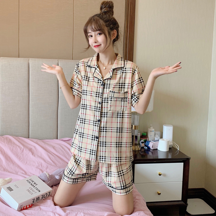 Bộ Đồ Ngủ Cotton Ngắn Tay Họa Tiết Caro Phong Cách Hàn Quốc Dành Cho Nữ