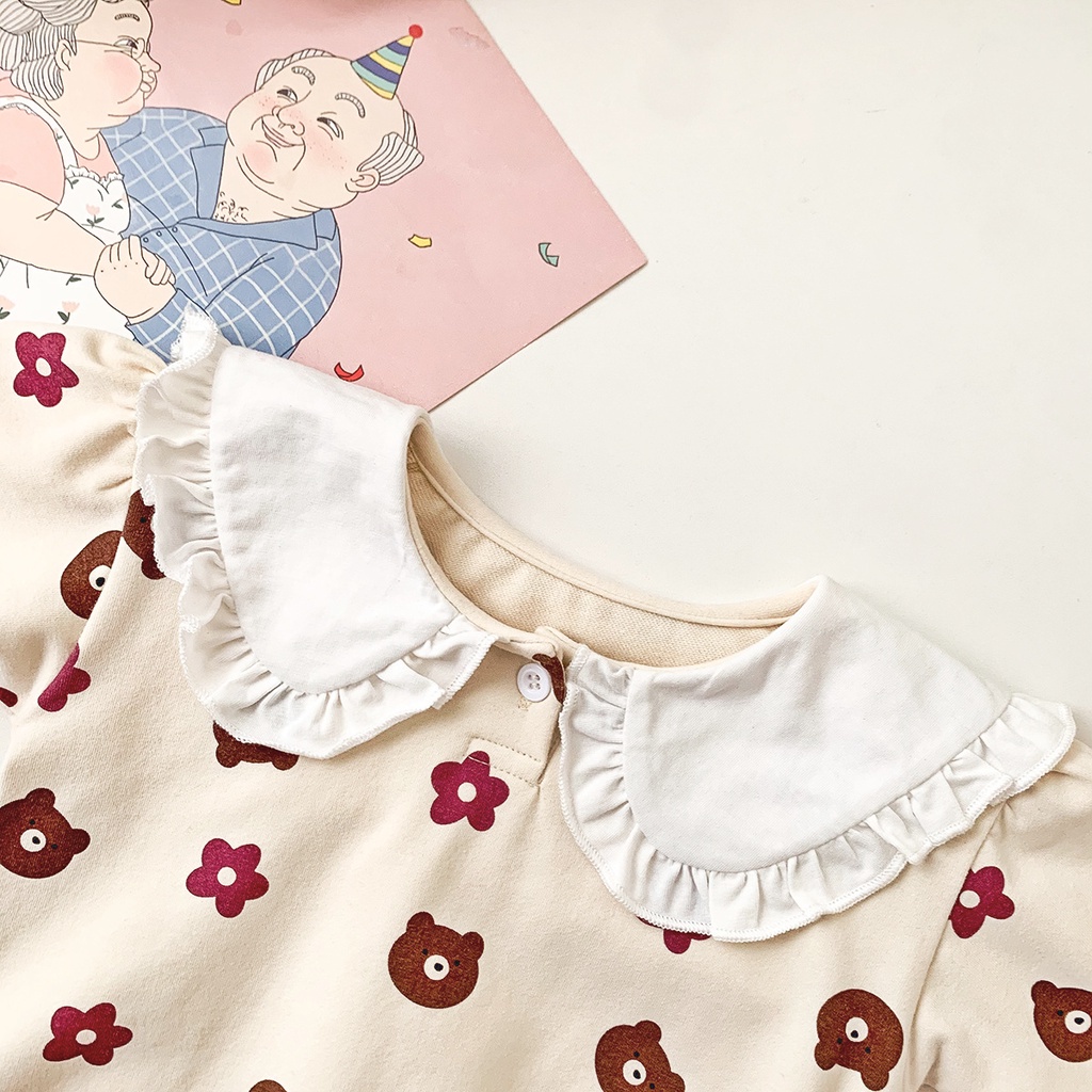 Bộ Áo Liền Quần Tay Dài In Hình Hoa Và Gấu Dễ Thương Cho Bé Gái