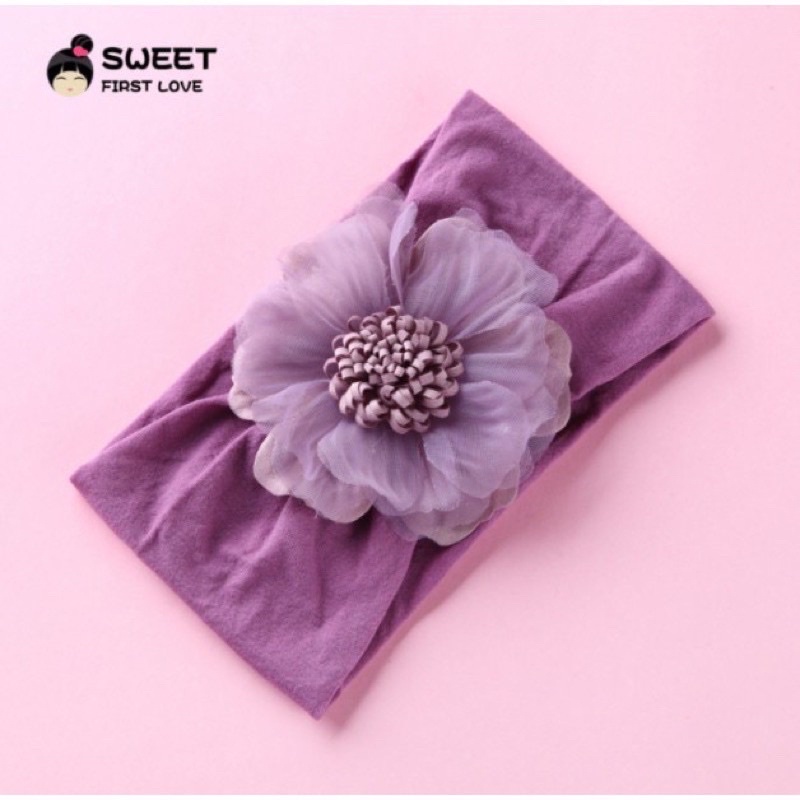 Turban vải bản to đính hoa voan siêu dễ thương cho em bé sơ sinh tới 3 tháng, vải cotton mềm mát