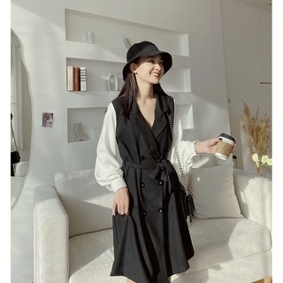 Váy cổ vest tay phối