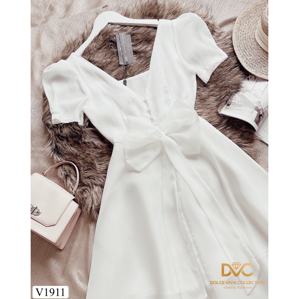 Váy trắng xòe lưng thắt nơ V1911 - Đẹp Shop DVC (Kèm ảnh thật trải sàn do shop tự chụp) | BigBuy360 - bigbuy360.vn