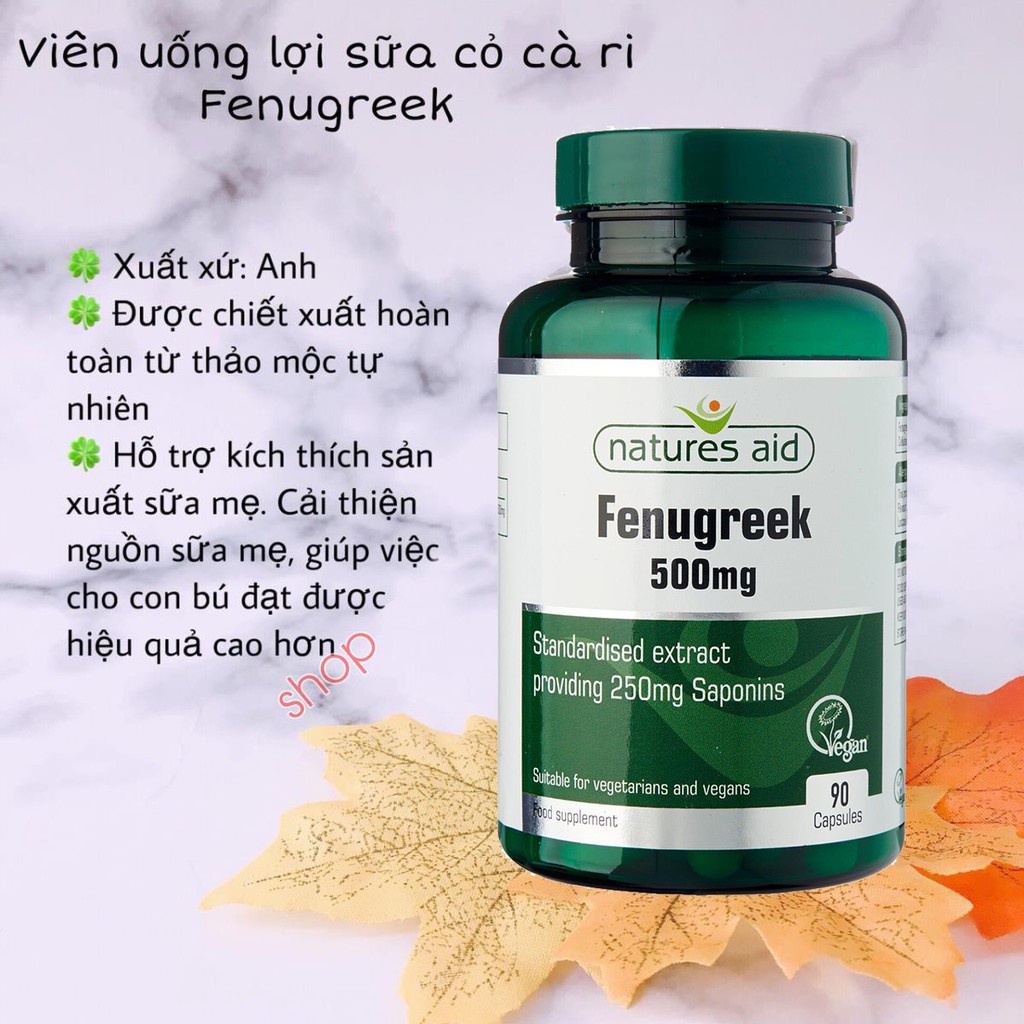 (Hộp) Viên uống lợi sữa cỏ cà ri Fenugreek Natures Aid 500mg.