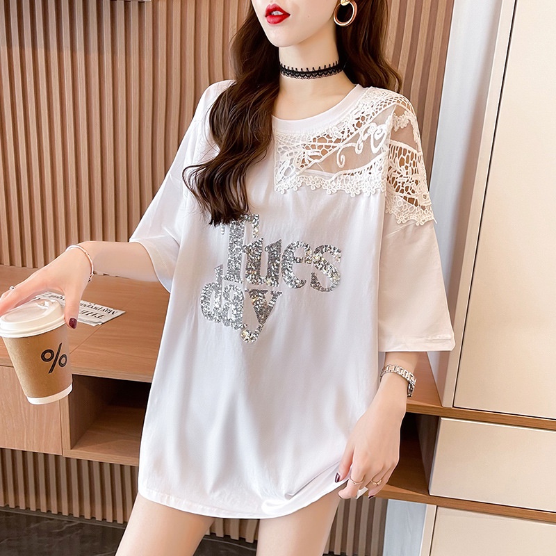 phong cách thời trang Áo thun ngắn tay đính kim lấp