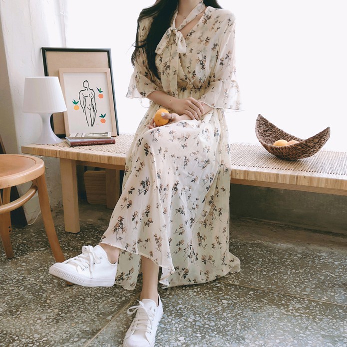 Đầm Voan Hoa Cổ Chữ V Xinh Xắn Dành Cho Nữ 27922