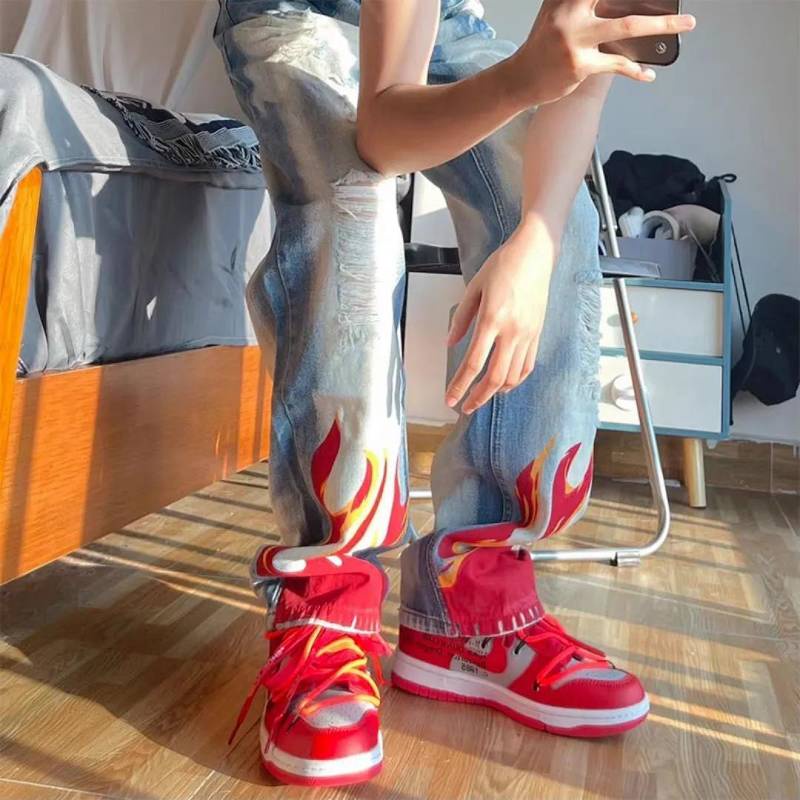 Autumn 2022 New Flame Print Ripped Washed Distressed Oversized Jeans Hip Hop High Street Style Trousers for Men and Women cE5T